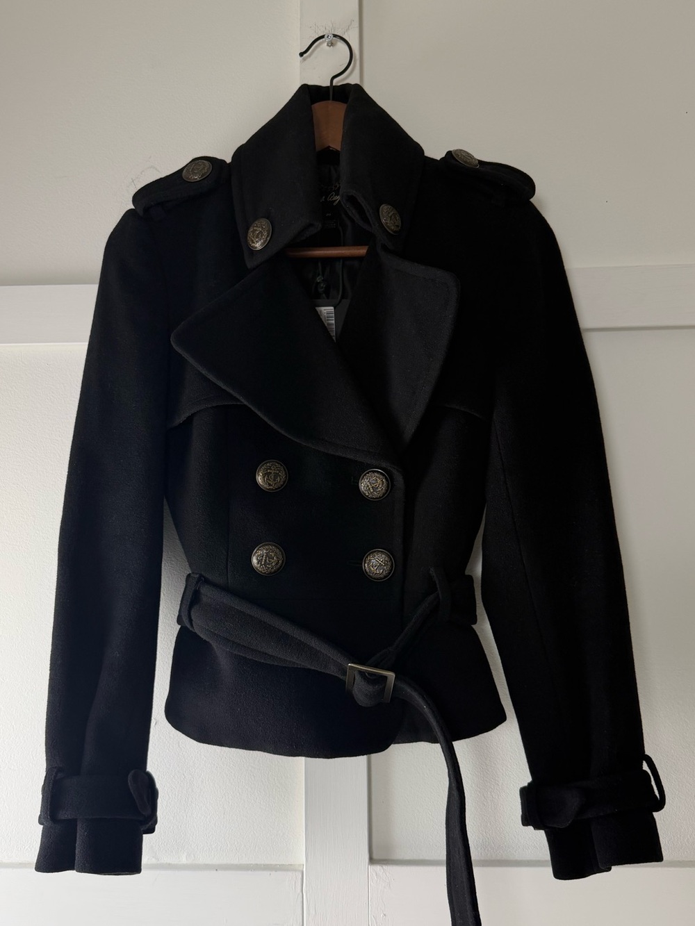 NWT Sandra Angelozzi Black Military Jacket Belted Coat Size 36